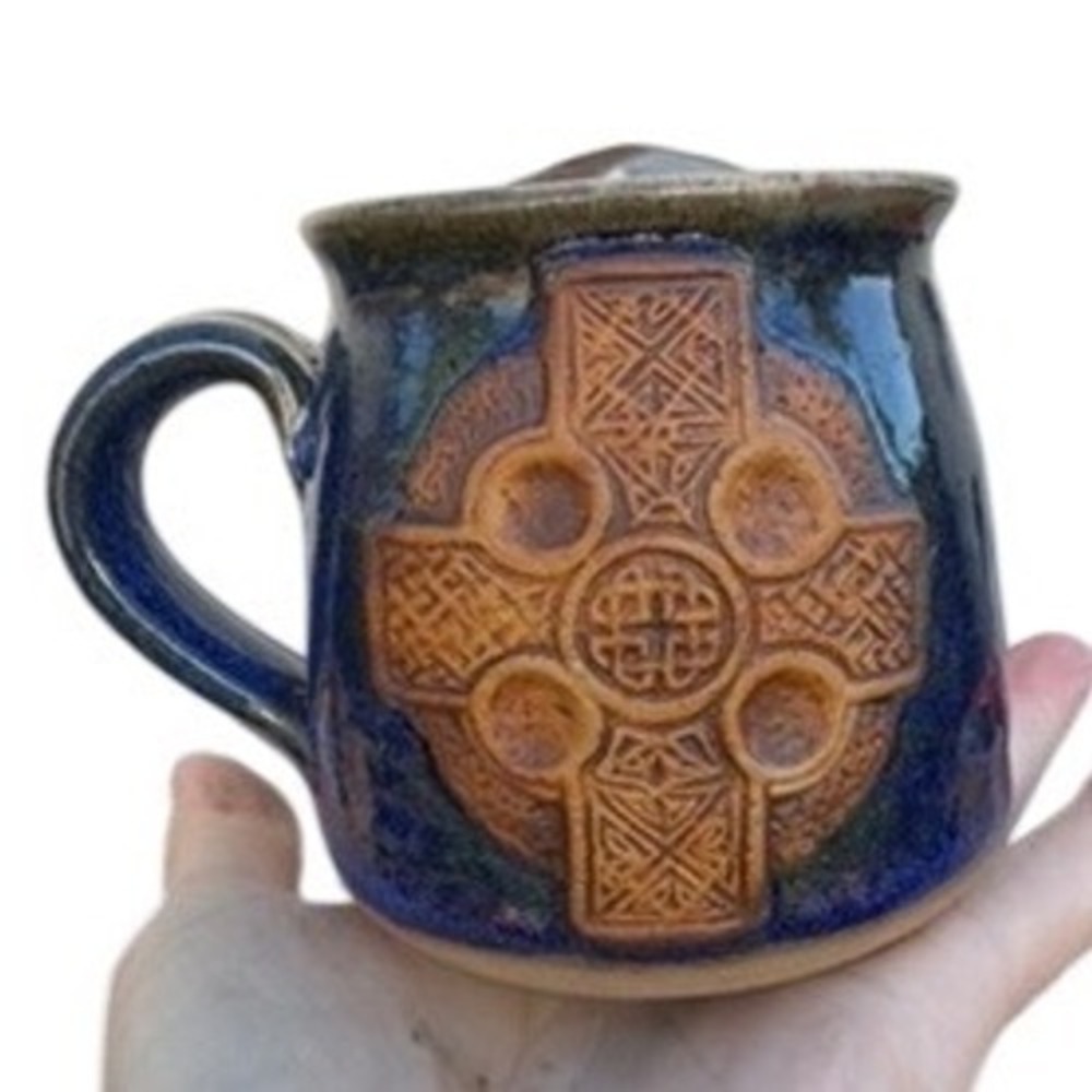 Celtic Cross Pottery Mug Medium Blue Good Embossed Stoneware Gothic